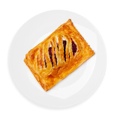 Puff pastry bun with jam, on a white background, isolated. Top view.