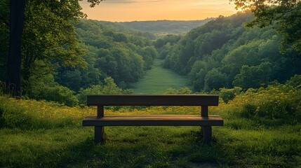Fototapeta premium A peaceful meditation spot overlooking a verdant valley bathed in spring light