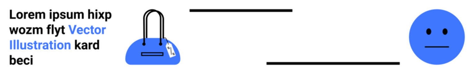 Text box with placeholder text, blue handbag with tag, blue neutral face icon. Ideal for AI technology, digital media, abstract representation, minimalism, technology, modern design web elements