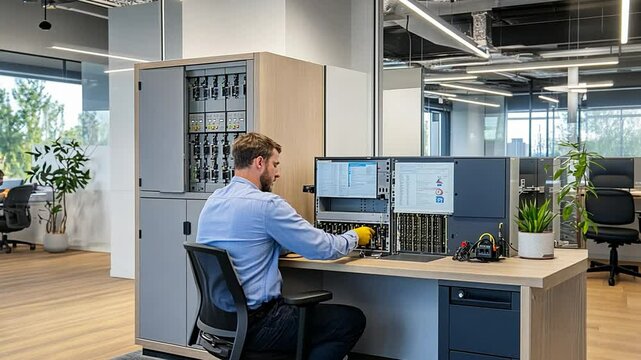 Network engineer installing hardware in server rack