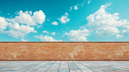 Muro de ladrillo y cielo azul con nubes