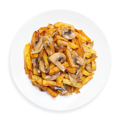 Fried potatoes with mushrooms, on a white background, isolated. Top view.