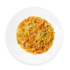 Stewed cabbage, on a white background, isolated. Top view.