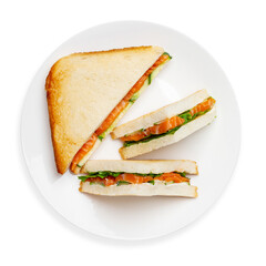 Sandwich with salmon and cucumber, on a white background, isolated. Top view.