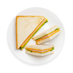 Sandwich with ham and cheese, on a white background, isolated. Top view.