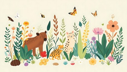 Hyena Leopard Cubs Amidst Lush Floral Garden