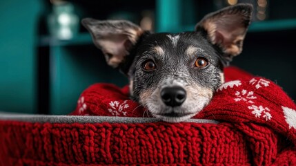 A small, content dog with expressive eyes rests on a red knitted bed, encapsulating a serene moment of comfort and cuteness in a household setting.