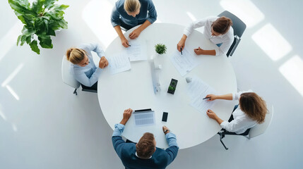 Group of professionals engaged in a collaborative meeting around a round table in a modern office environment
