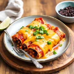 Mexican enchilada dish with sweet potatoes, corn, tomato salsa, and black beans served with vegan cheese