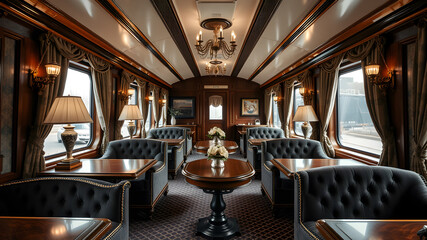Luxury train lounge interior with velvet armchairs, wooden tables, and vintage decorative elements. Generative AI
