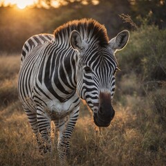 Fototapeta premium A zebra grazing on grass in an open woodland savanna under a pastel sunset.