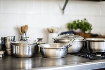 Stainless steel cookware gleams on a kitchen counter, ready for cooking.