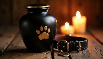 Black pet urn with gold lid and paw print, surrounded by candles and a collar.Pet memorial, tribute to lost pet, urn with paw print, remembrance ceremony, animal loss, sympathy tribute, pet loss.