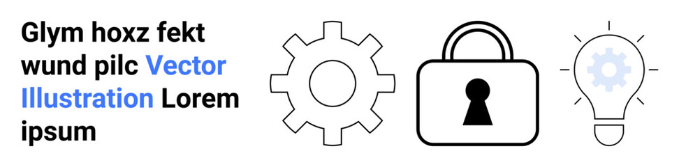 Gear symbolizing operation, padlock representing security, lightbulb for innovation next to placeholder text. Ideal for tech presentations, security tutorials, innovation blogs, system operation