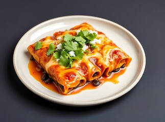 Mexican enchilada dish with sweet potatoes, corn, tomato salsa, black beans and cheese