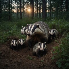 A family of badgers emerging from their burrow at dusk in a dense forest.