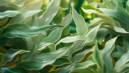 Background completely filled with green leaves of tropical plants, Generative AI

