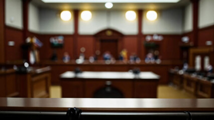 Background of empty courtroom. Blurred courtroom backdrop, nobody