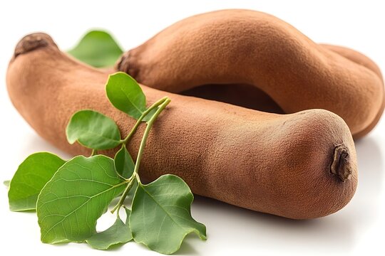 Tamarind tropical fruits isolated on white background. Fresh ripe dryed Tamarind fruits (Tamarindus indica, Indian date), healthy vegan food. Top view, flat lay
