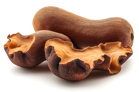 Tamarind tropical fruits isolated on white background. Fresh ripe dryed Tamarind fruits (Tamarindus indica, Indian date), healthy vegan food. Top view, flat lay
