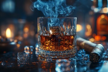 Whisky & Smoke. Smoking whiskey with ice and orange on a dark background. Cognac with smoking branch of lavender. Experimental alcoholic cocktail in a glass with smoking rosemary.
