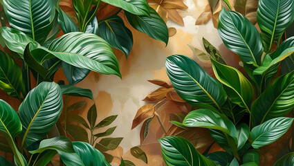 Background completely filled with green leaves of tropical plants, Generative AI
