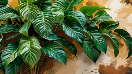 Background completely filled with green leaves of tropical plants, Generative AI
