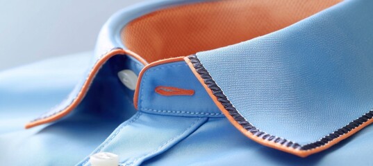 Close up of elegant light blue shirt collar showing fashion details