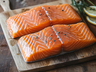 raw salmon fillet on wooden board