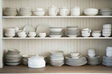 Neatly stacked white dishes and bowls fill a kitchen cupboard.