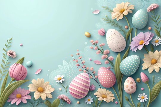 Easter egg background decorated with flowers and leaves in pastel pink and blue tones.