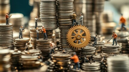 A group of miniature people work together to build gears above and below a stack of coins the concept of building an economy and teamwork with a blur effect creates