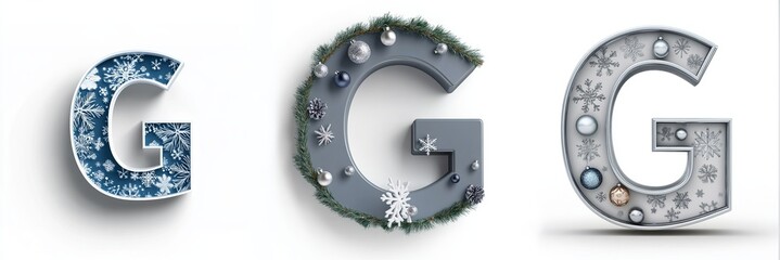 3d font design christmas theme concept. Three stylized letters "G" decorated with winter themes, including snowflakes and ornaments, conveying a festive atmosphere.