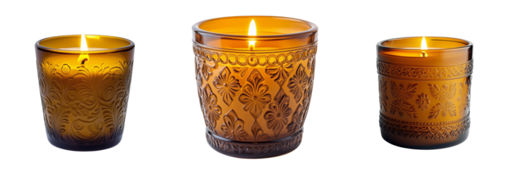 set of A Candle in an amber glass jar with an embossed pattern, against PNG format Transparent Background