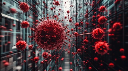 A digital rendering showing detailed virus cells floating within complex digital network lines, artistically representing the intersection of biology and technology.