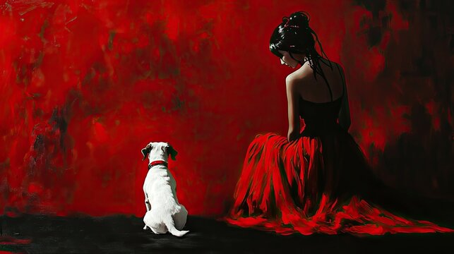 ladi in red on black room and dog jack rassel t