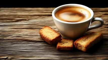 Espresso coffee with rusks on rustic wood.