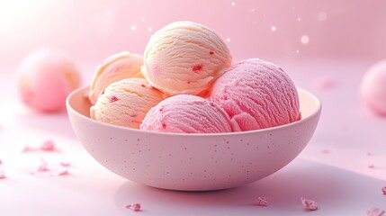 Different flavor ice-cream scopes in bowl isolated on light pink background, 4k Resolution 