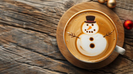 Cup of coffee with snowman drawn with foam