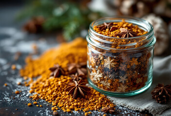 Homemade christmas mix of spices in a glass jar