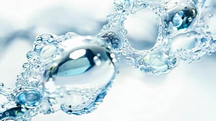 Abstract representation of a molecular structure made of translucent blue bubbles connected in a chain-like pattern on a soft white background - Powered by Adobe