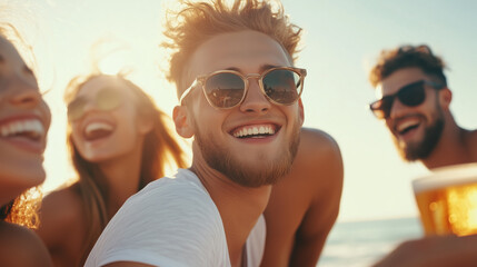 Obraz premium Friends enjoy a sunny beach day with laughter and drinks during summer vacation by the ocean