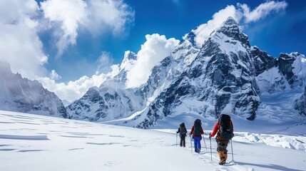 A group of mountaineers trekking across a snowy plateau, with towering mountain peaks looming in the distance