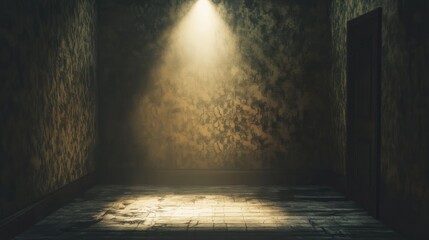 Obraz premium A dramatic scene with a spotlight highlighting the center of a moody room, with textured wallpaper and striking lighting