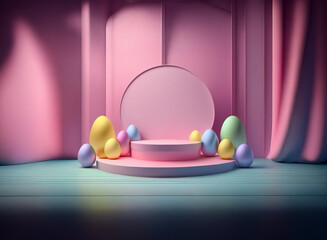 Pastel pink stage with colorful Easter eggs and a circular backdrop.  Perfect for spring product displays or holiday announcements.