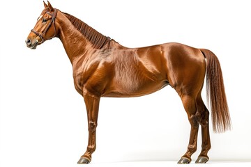 Naklejka premium Shiny chestnut horse stands elegantly, showcasing its strong phy