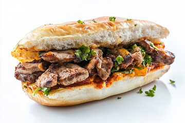 Selective focus sandwich with lettuce, tomatoes and meat isolated on white background, Close up shot sandwich with white bread on white.