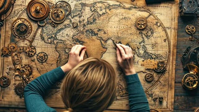 Woman designing intricate steampunk world-building with gears and vintage design