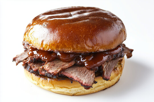 Close up shot smoked brisket burger isolated on white background, Selective focus pulled beef with burger bun on white, Smoked beef sandwich.