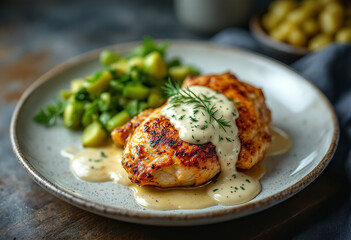 Roasted chicken thighs with dill pickle creamy sauce